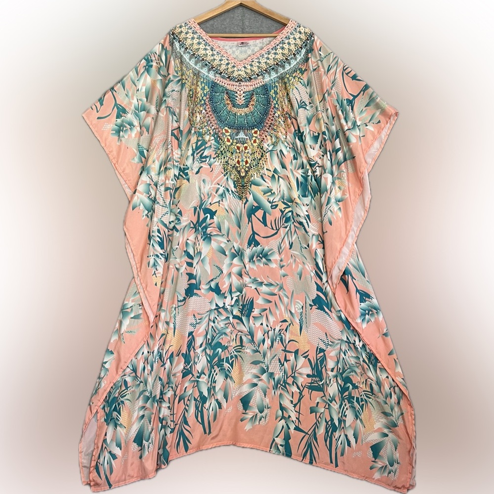 Anjaniya Women Kaftan Peachy Leaf Floral Tunic Muumuu Resort Roper
